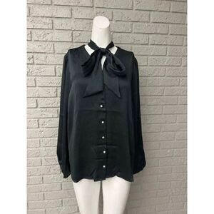 Isaac Mizrahi Women Textured Dark Green Satin Long Sleeve Blouse Size 10